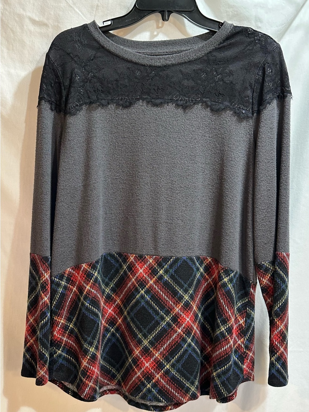 Maurices Charcoal Gray Knit Top with lace yoke and plaid hem.